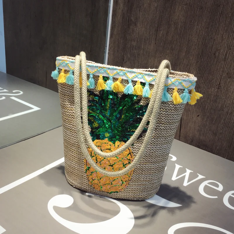 
Summer beach handbags shiny pineapple handwoven straw handbag 