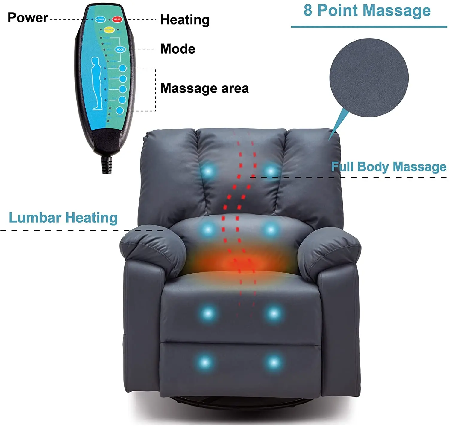 SANS Massage Heated Recliner Sofa Chair 360 Degree Swivel Rocking Recliner Chair for Living Room