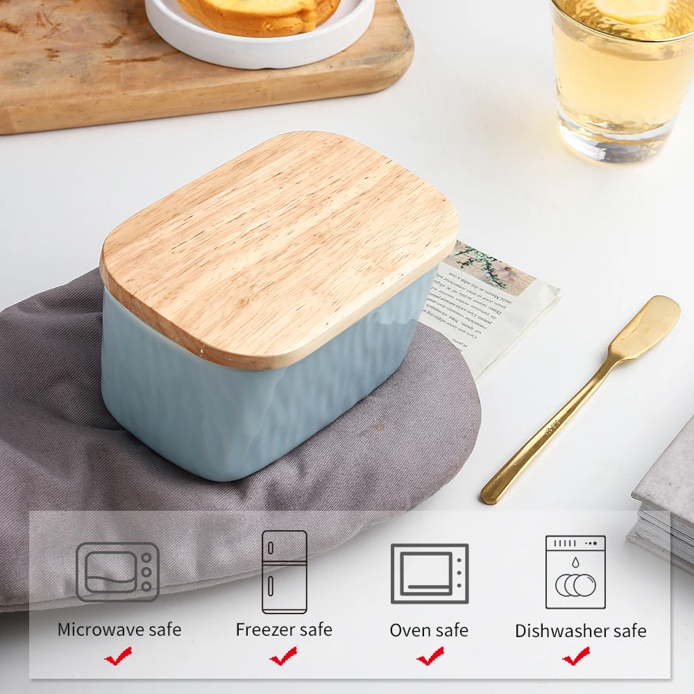 Butter Keeper Rectangle Ceramic Butter Dish With Wooden Lid  porcelain butter container