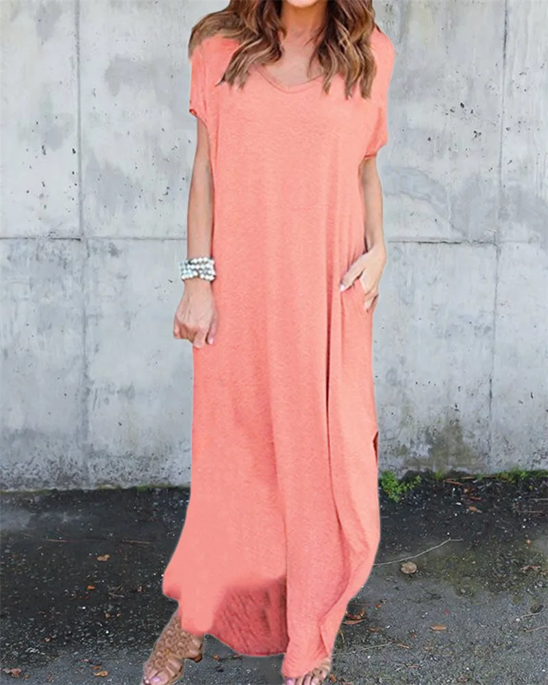 Winstar Plus Size 5XL Sexy Women Dress Summer 2021 Solid Casual Short Sleeve Maxi Dress For Women Long  Lady Dresses