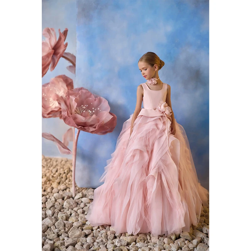 Solid Color Custom Ruffle Flowers Sleeveless Irregular Kids Luxury Flower Girls Dresses Birthday Party Princess Dress For Girl