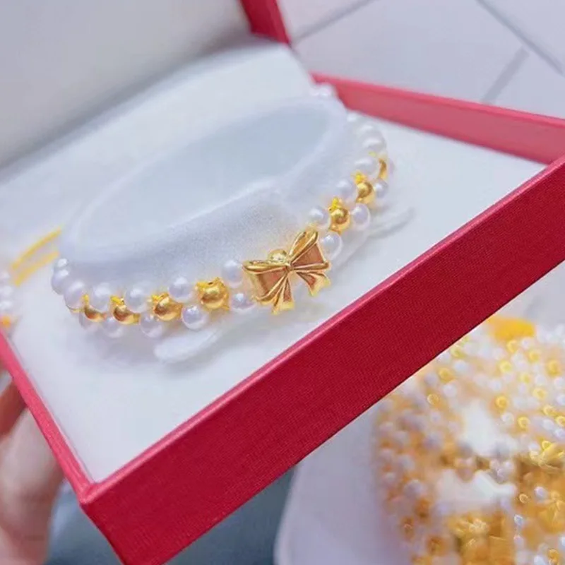 Aimgal Fine jewelry 999 Gold Beads 5D Hard Gold Bow Natural freshwater pearls Transfer Bracelets Pure Gold tarnish free