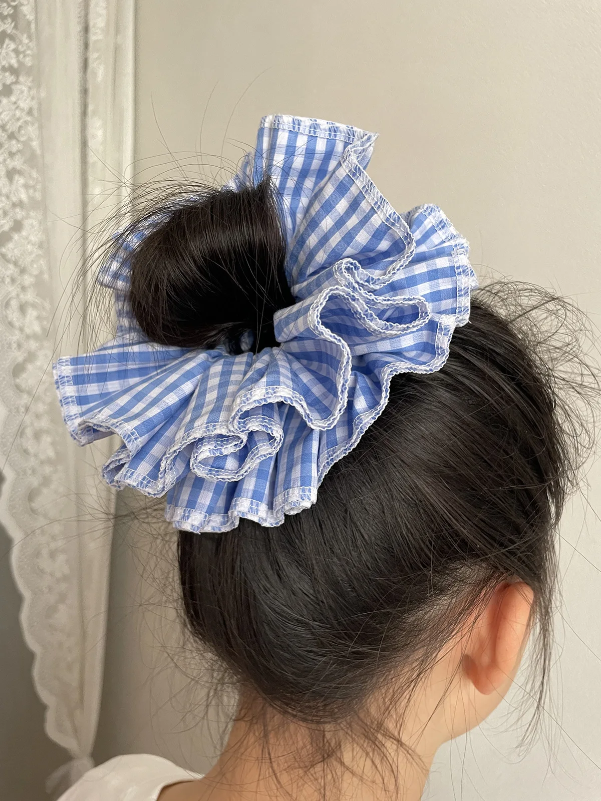 Fashion Korean 18cm Oversized XXL Large Plaid Fabric Puffy Scrunchies For Girl Pleated Double Layer Checked Hair band Accessory