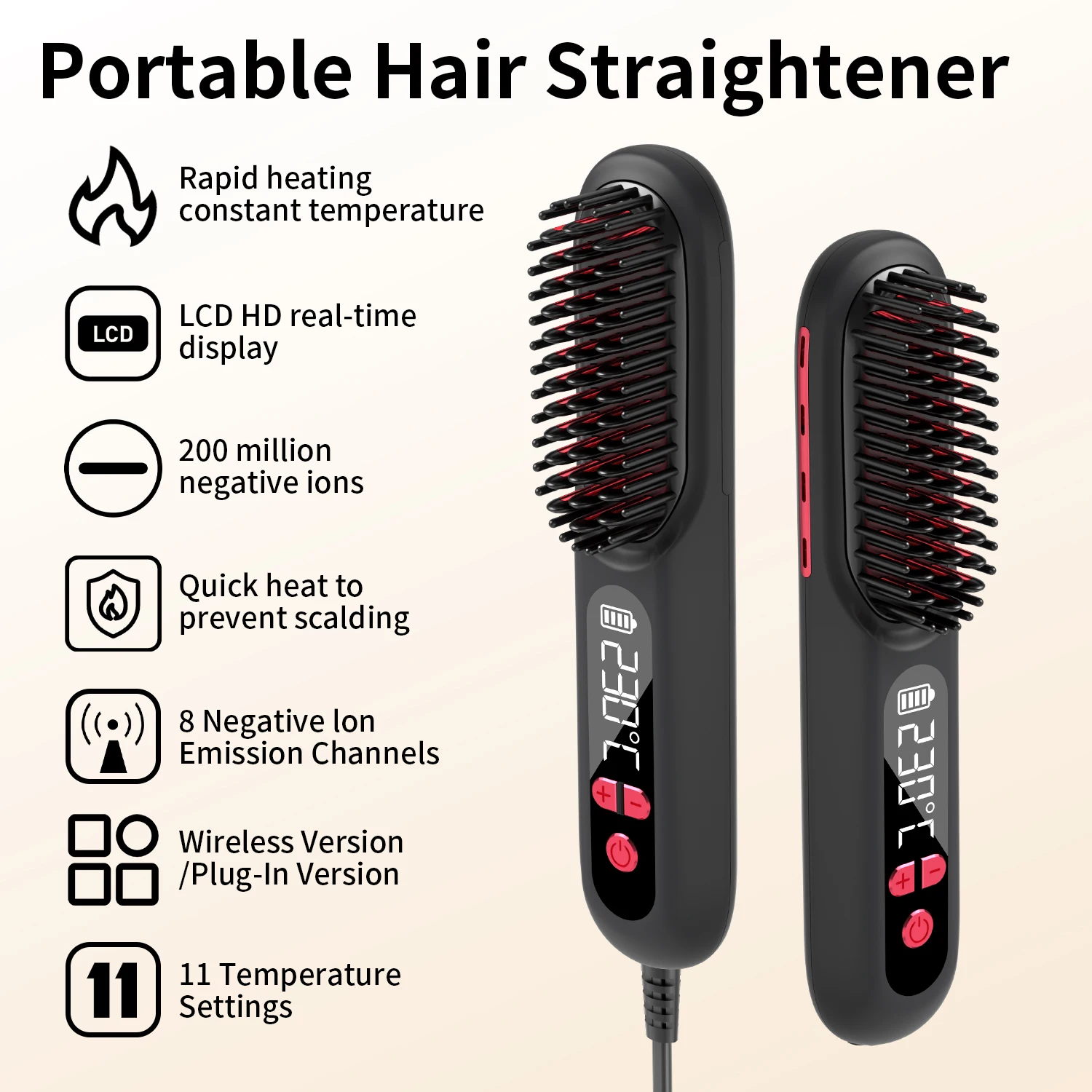 2 in 1 mini rechargeable professional portable wireless usb negative ion electric ceramic curling iron comb hair straightener