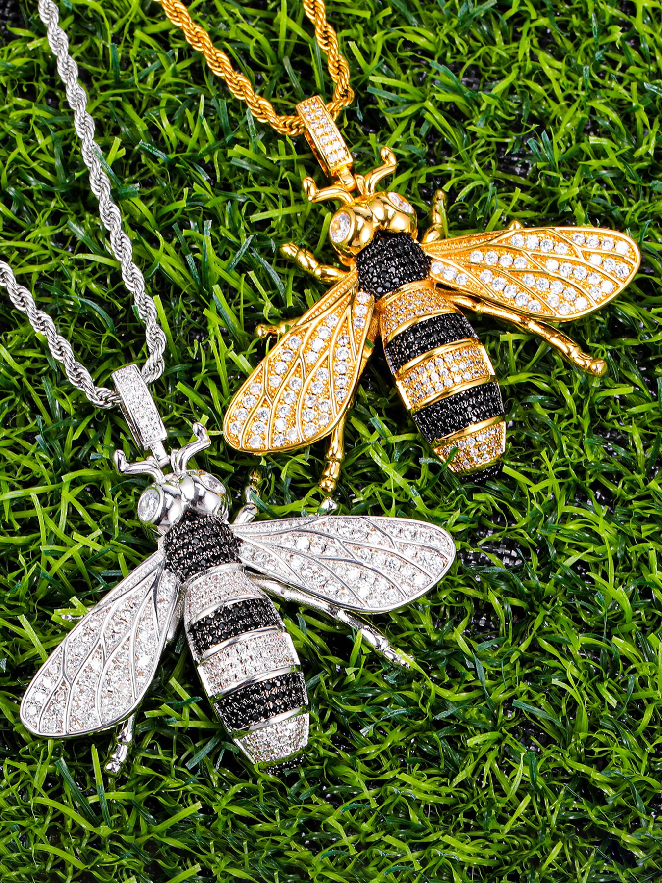 DE Shiny Fashion Stylish Hiphop Jewelry Iced Striking Animal Zircon Brass Bumblebee Pendant Necklace