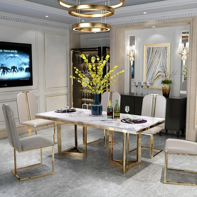 Modern luxury golden stainless steel marble top dining table set for dining room furniture
