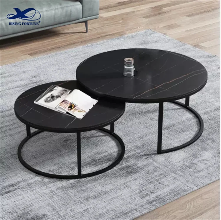 Contemporary Round Nesting Coffee Table Bent Black Gold Metal Side Glass Marble Stone mdf Wood Nest of 3 Table Set Nesting Table