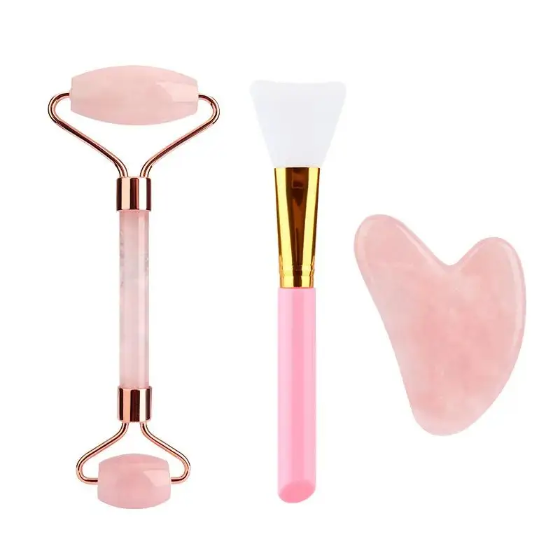 Factory wholesale crystal jade facial beauty face massage rose quartz roller gua sha set jade roller for face