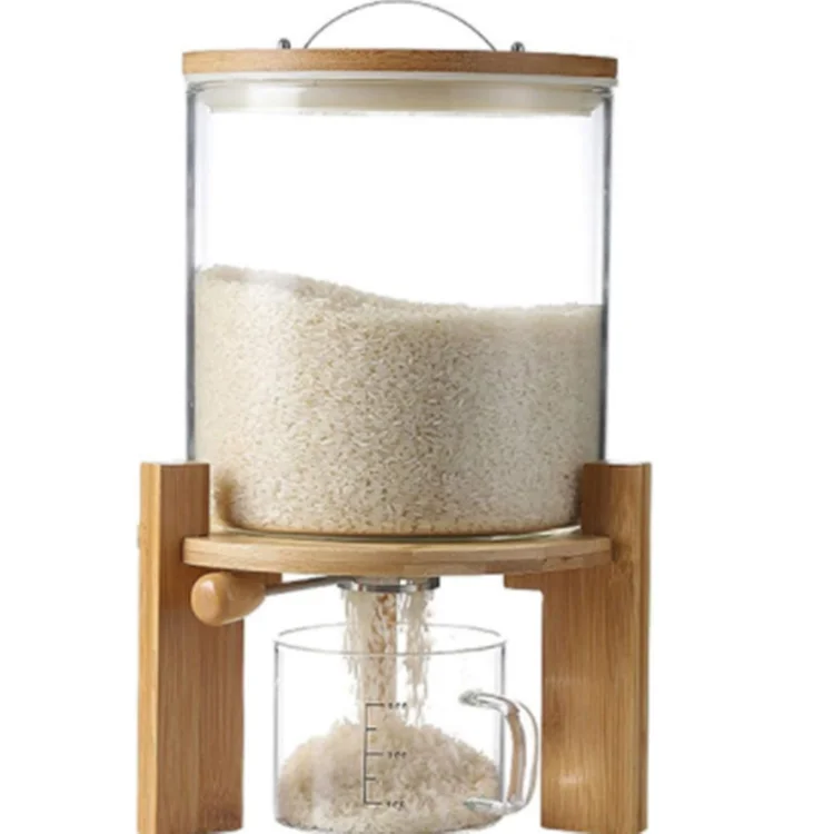 Kitchen Organization 5L/8 Glass Container Rice Dispenser with Stainless Steel Tap Airtight Lid and Wooden Stand