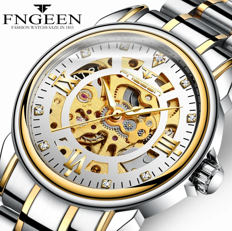 FNGEEN 0014 king golden mens mechanical watch creative steel band water resistant auto winder Leisure wristwatch