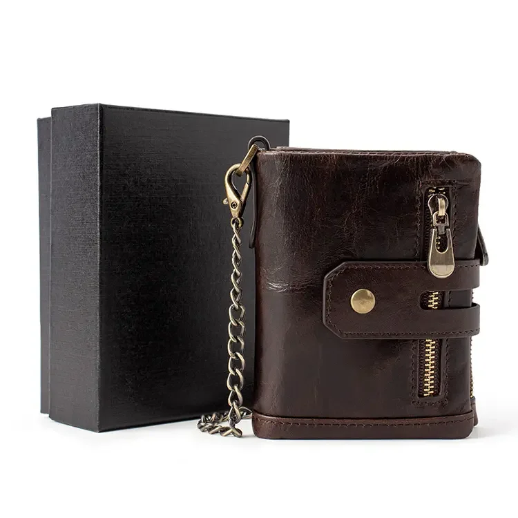 Best Selling Zipper RFID Genuine Cowhide Leather wallet male Luxury Purse Leather Wallets Vintage Gents Mens Slim Wallet