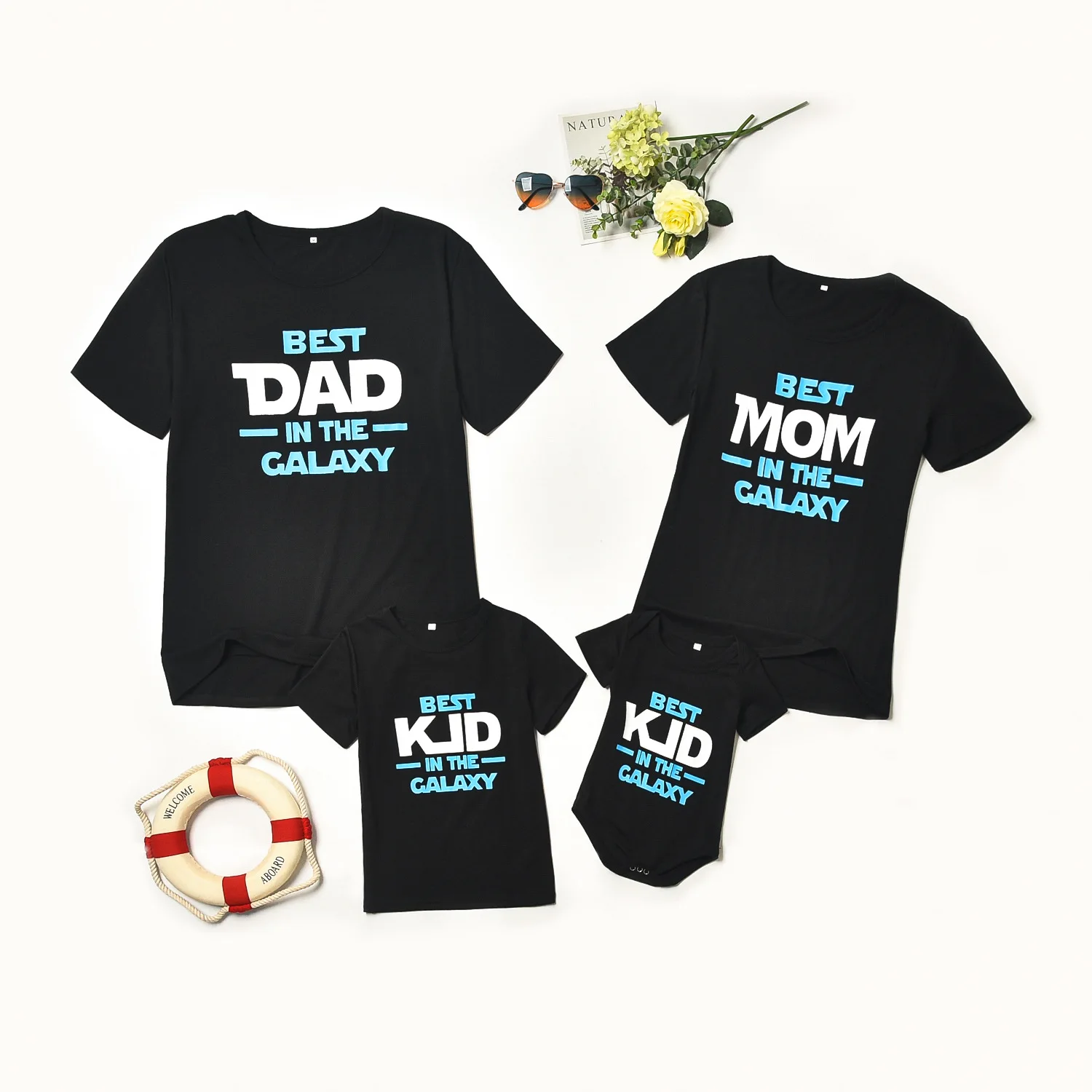Whole Family Set Clothes Black Color Short Sleeved Letter Printed T-Shirt Parent-Child Outfit Father And Son Matching Clothes