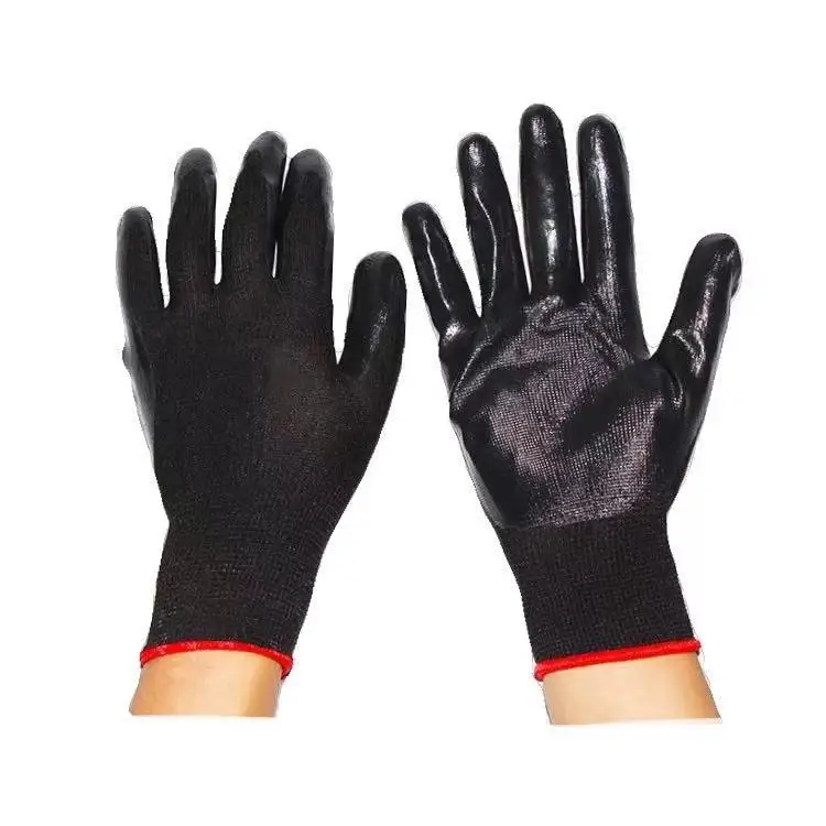 Black polyester nylon knitted mechanic Nitrile coated work Gloves