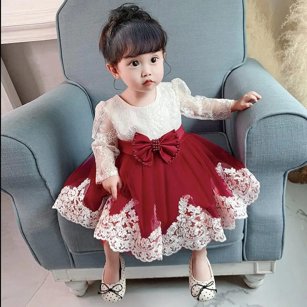 Children baby Princess dress girl lace long sleeve pompadour baby baptism dress baby full moon dress
