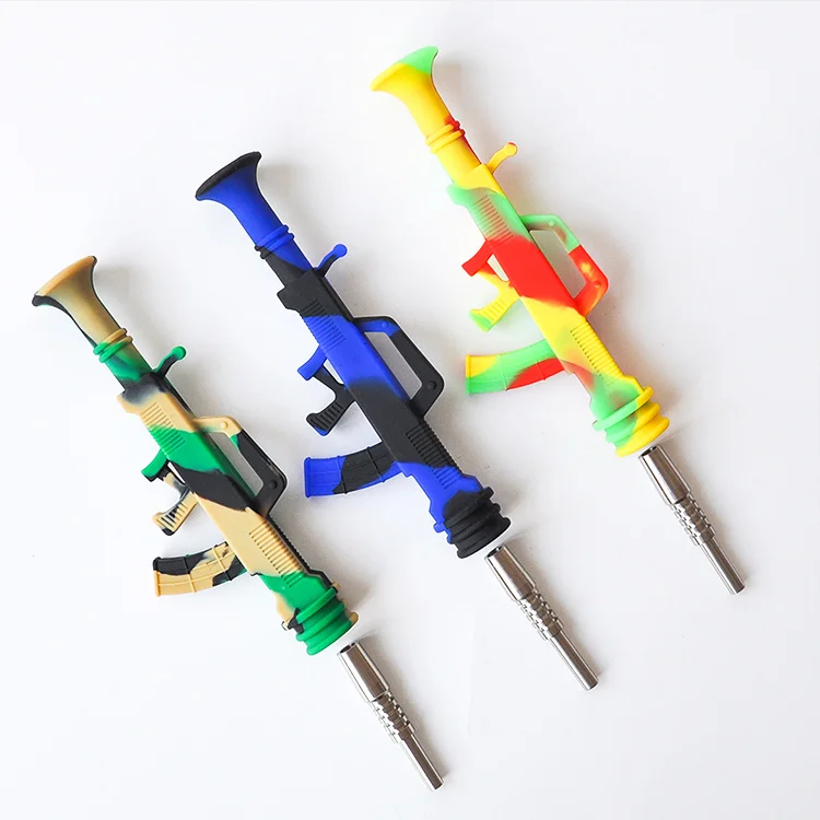 Gun shape AK47 smoking pipe Wax oil Silicone Nectar Collector with14mm Stainless Steel