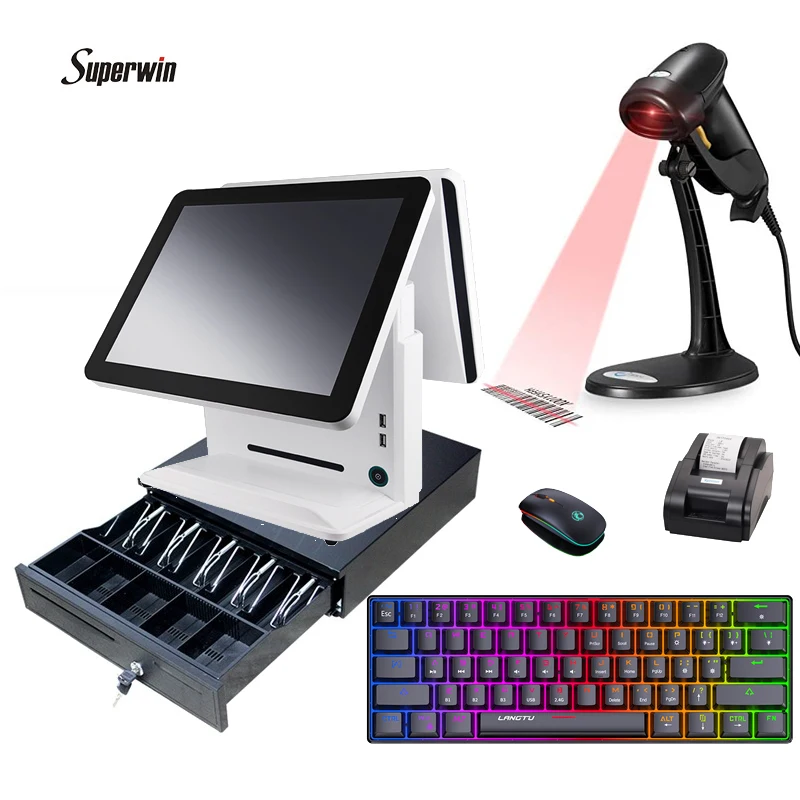 
15 inch dual screen touch cash acceptor machine restaurant ordering touch machine android Window touch pos system for retail 