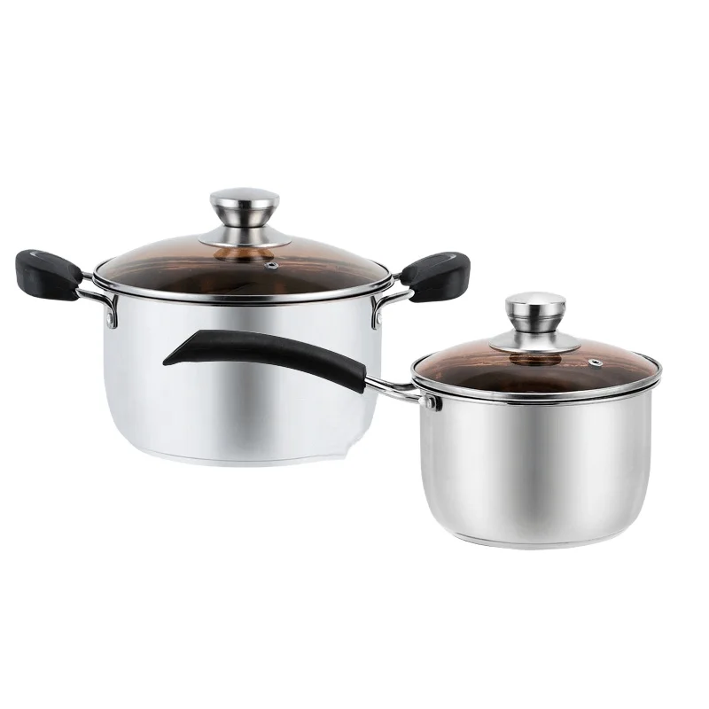 2pcs cookware set 22cm Soup Pot & 18cm Milk Pot Thickened Composite Bottom Stainless Steel Pot Set With Glasses Lid