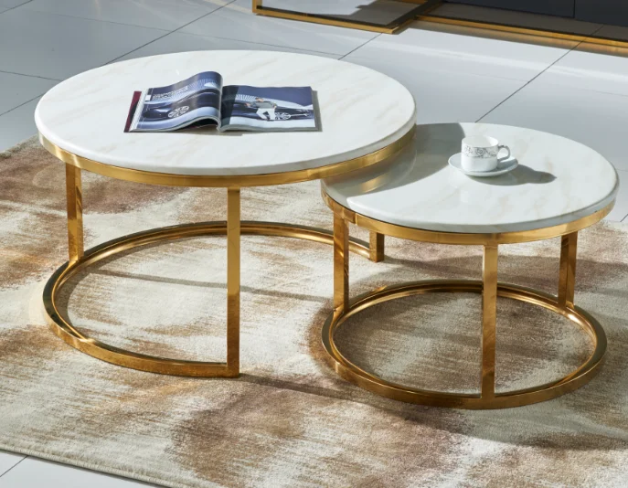 Modern coffee table,gold stainless steel leg white coffee table,marble top coffee table 2 pieces set