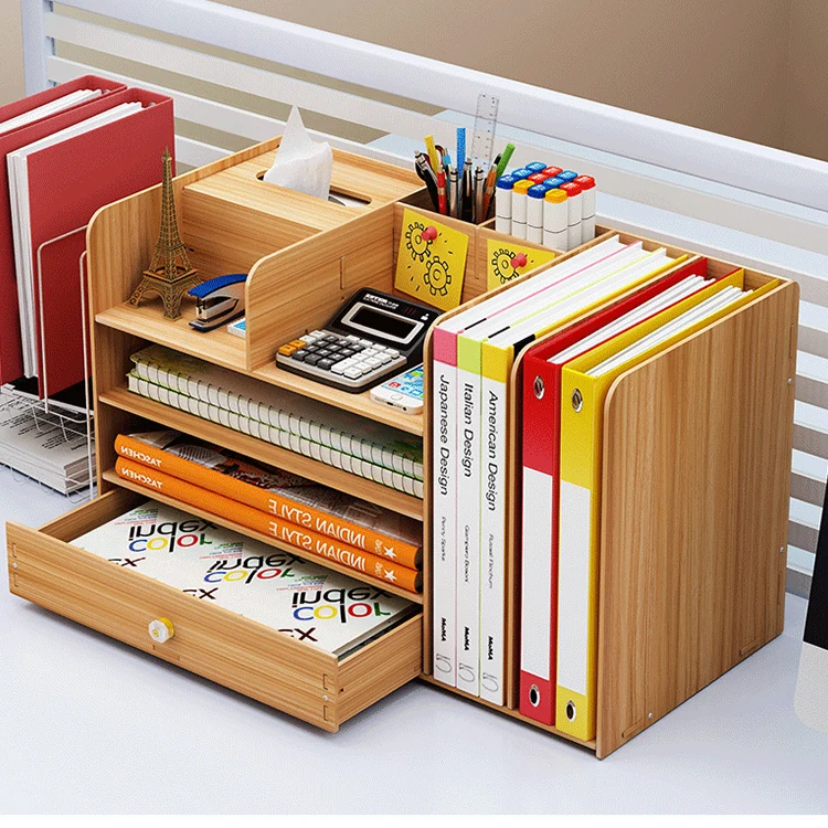 Bamboo Wooden Office Desktop Organizer Desk Bookshelf Storage Shelf Rack Bookcase with Drawer