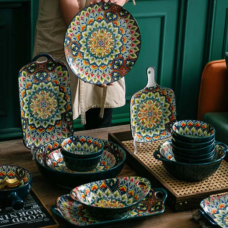 Restaurant Weeding Decorative Luxury Bohemian Tableware Square Ceramics Dishes Ceramic Dinner Plate Bowls Porcelain Plates Set