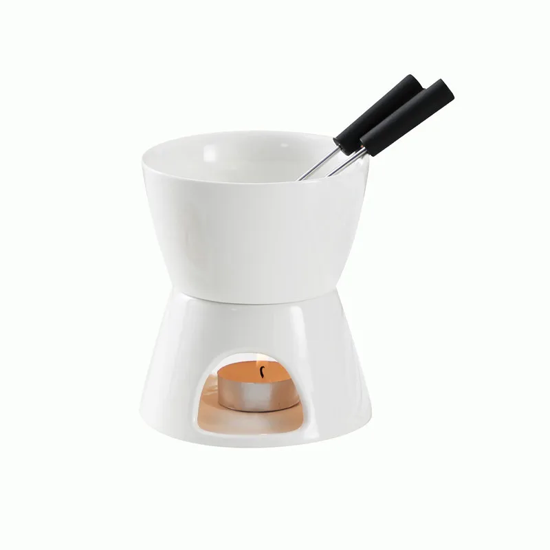 Custom Modern Ceramic Butter Pot Swiss Cheese Chocolate Melting Burners Hotpot Fondue Set with Fork