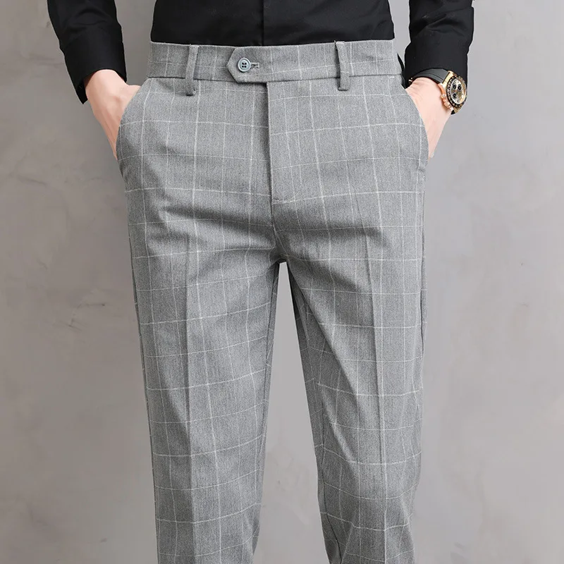New Fashion Plaid Printed Pants For Mens Mid Waist Button Trouser Male Formal Casual Long Pants
