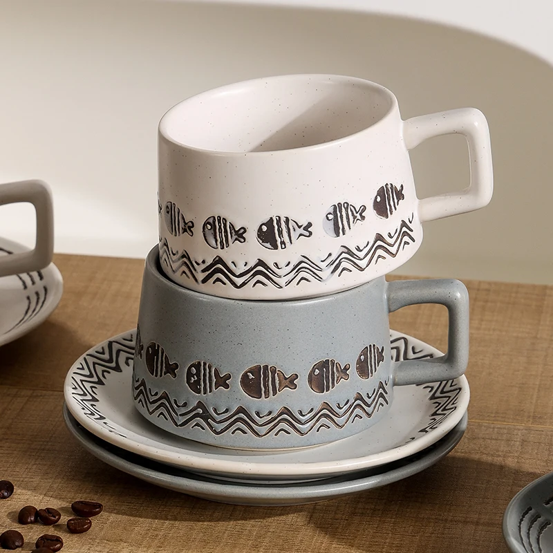 Japanese style Creamic Coffee Mug Handmade Retro Porcelain Breakfast Cup Hand Punch Coffee Cup And Saucer Gift