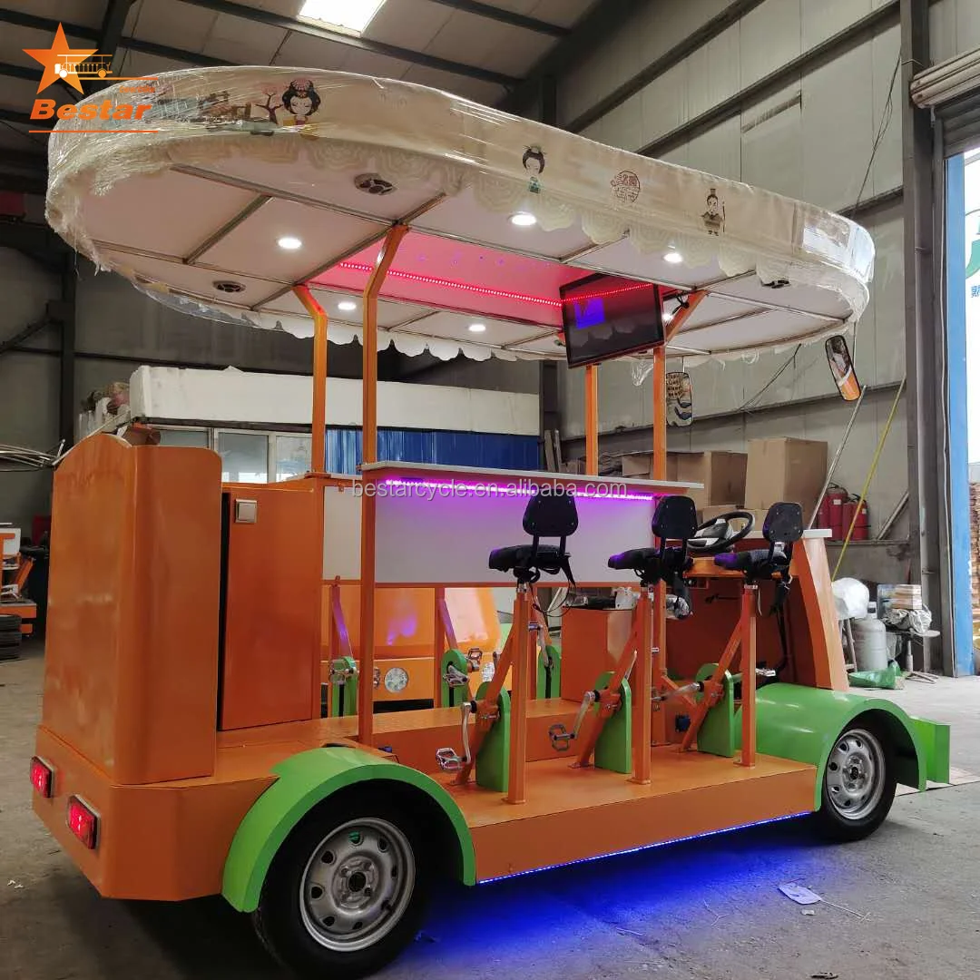 Ordinary Electric Four-Wheel Tandem Bike Single Speed Pedal Truck for City Tours Party Bike Beer Delivery for City Pub Use