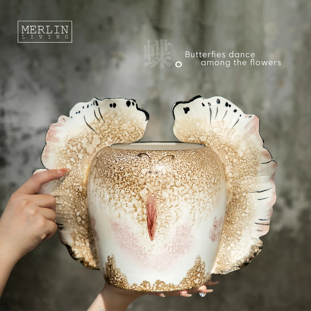 Merlin Living Hand Painting flower vase for home decor butterfly vase ceramic decoration Chaozhou Ceramic Factory Wholesale