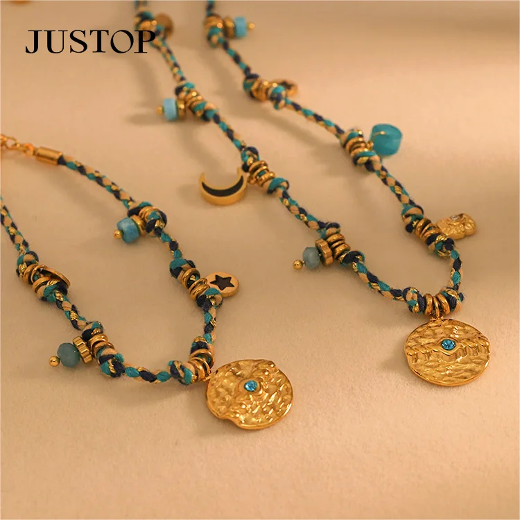 Jewelry Bohemia 18K Gold Stainless Steel Black Enamel Moon Star Cotton Braided Bracelet Clavicle Necklace Jewelry Set for Women