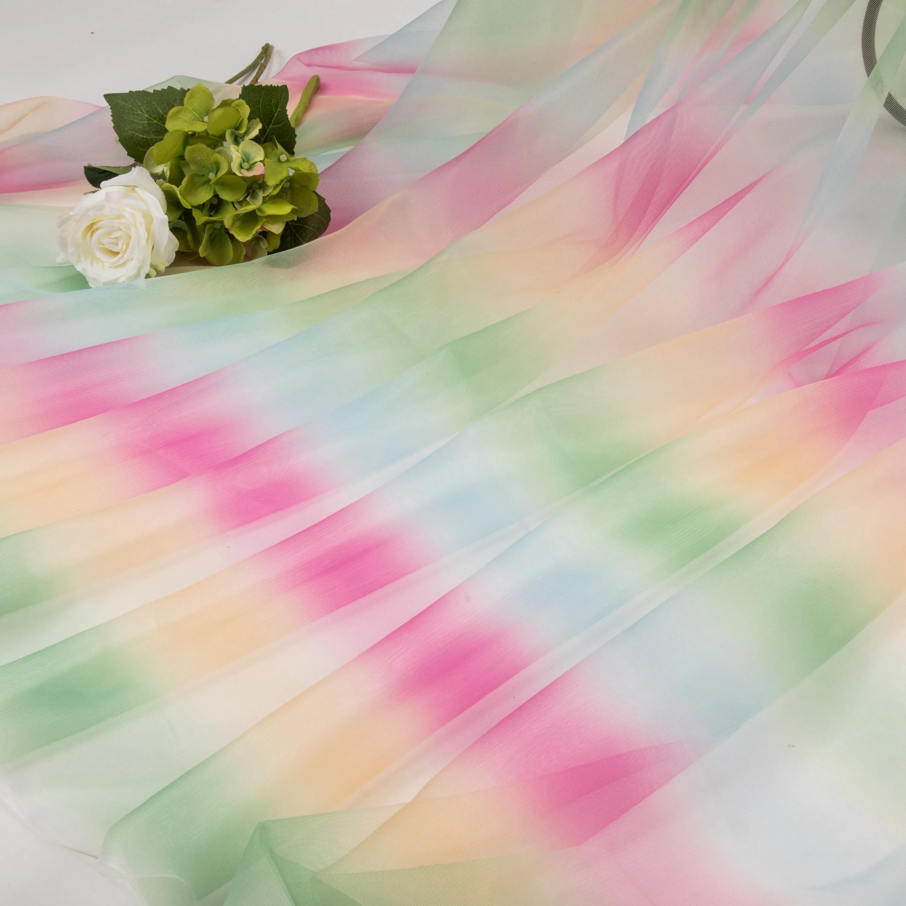 
Superior Quality Illusion Printed Rainbow Ombre Gradient Colors Fabric Tulle Mesh Fabric 