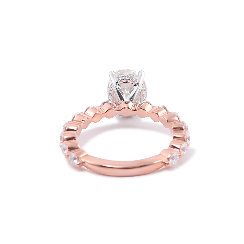Half eternity 2.5mm bubble band 2.5ct D color oval brilliant cut moissanite engagement ring with hidden halo