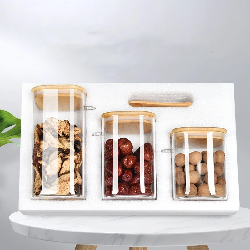 Transparent Glass Household Food Storage Jars with Bamboo Wood Lid Spoon for Salt Sugar Spice Pepper Seasoning for Hotels