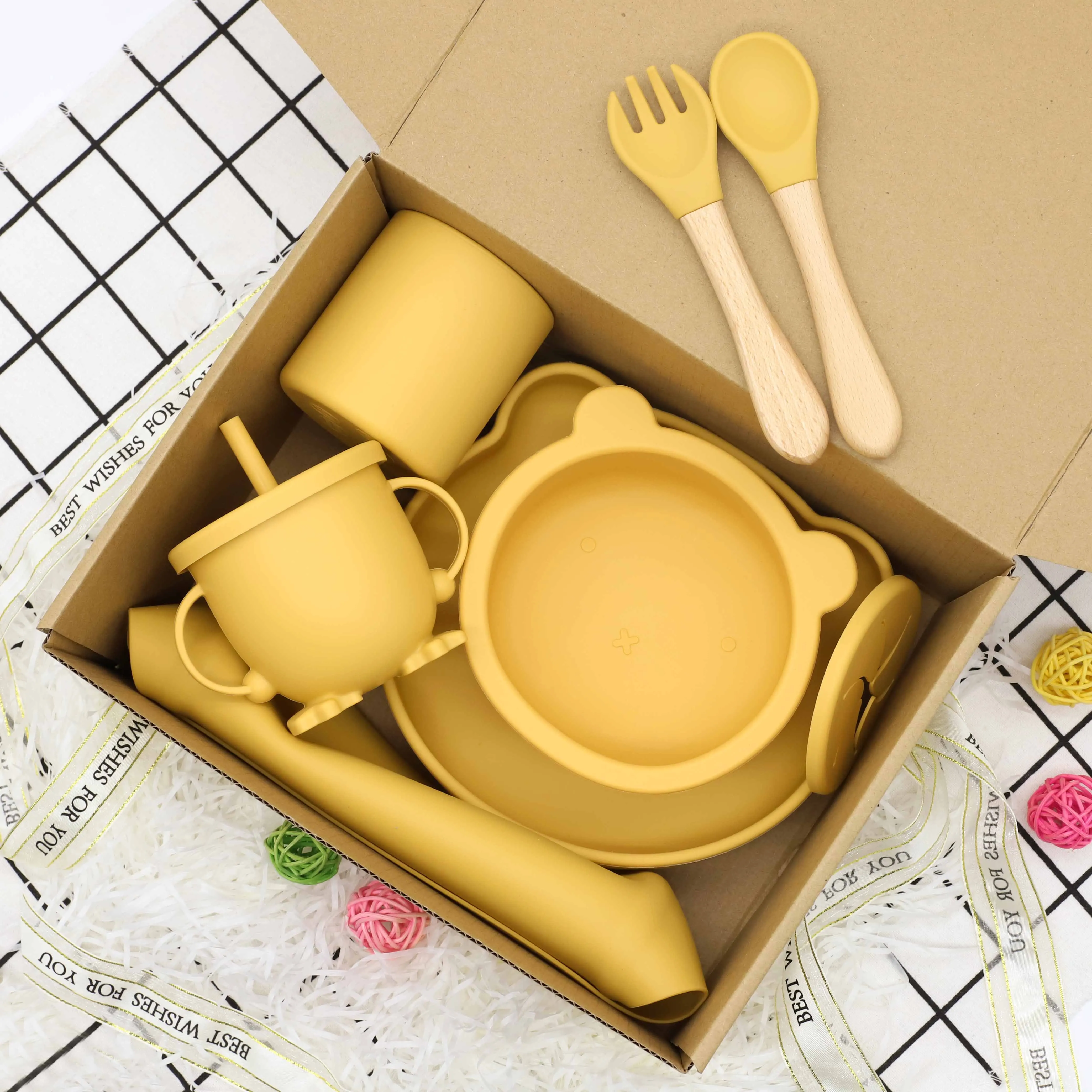 Food Grade panda plate Bpa Free Kids spoon fork Feeding Set Baby Silicone Duck foot cup Bib Plate set