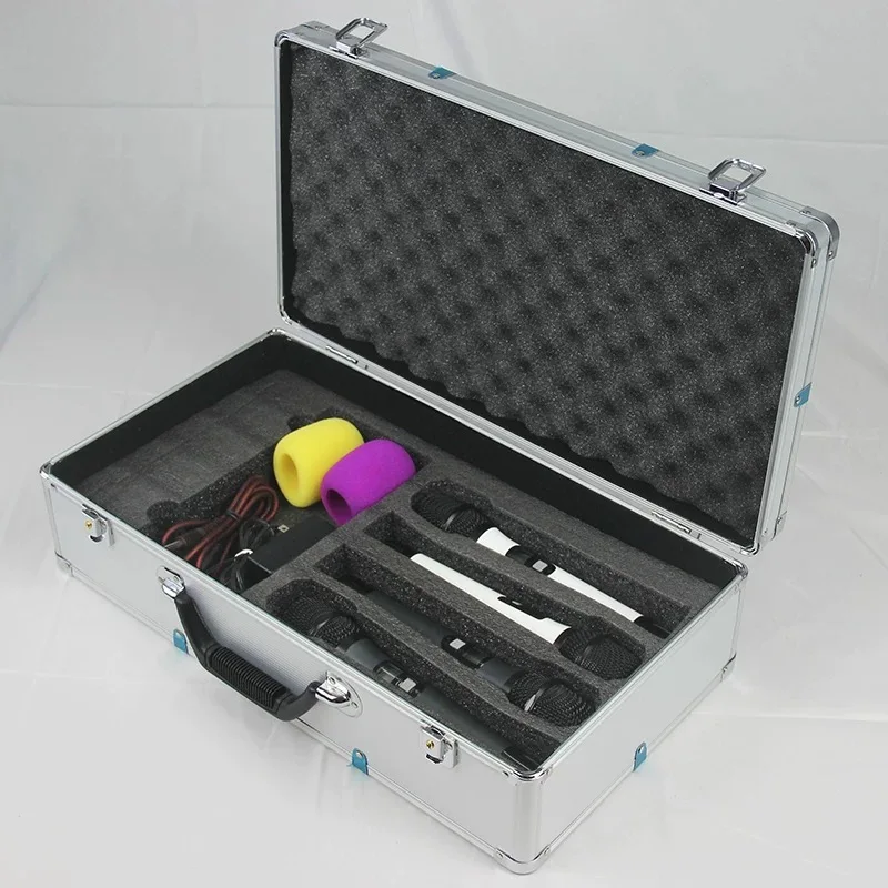 Customizable handheld aluminum alloy microphone box with large capacity to accommodate and protect 2-8 microphones