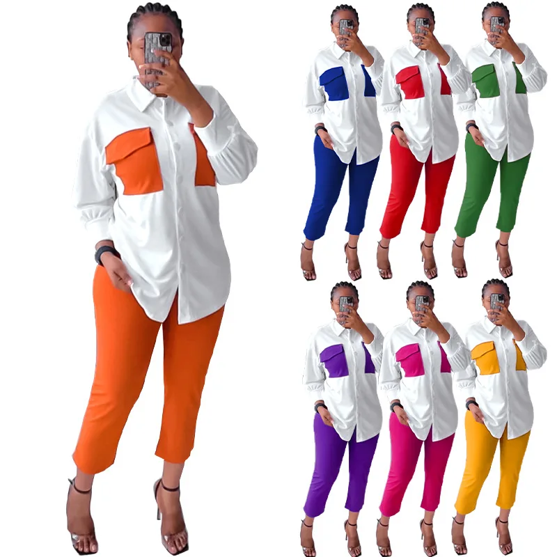 2022 Women fall 2 piece sets casual blazer suits women long sleeve shirt pencil pants two piece pants set