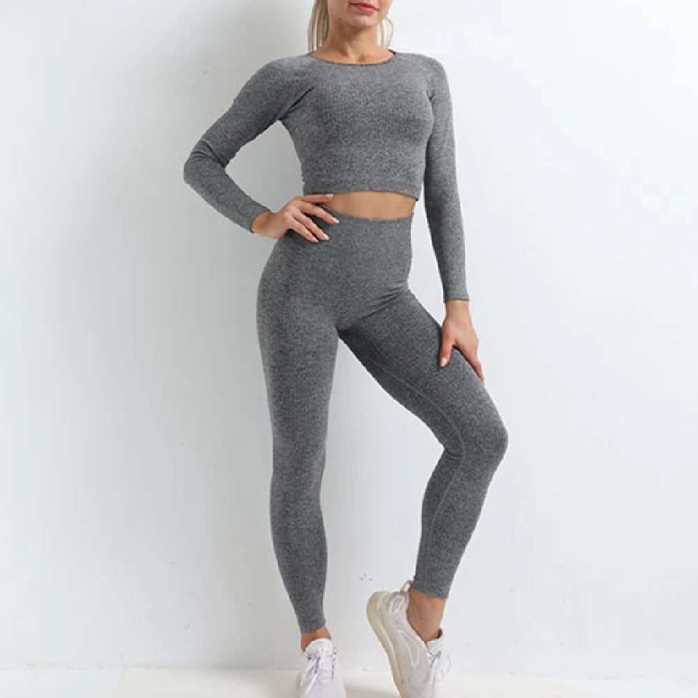
Women 2pcs Seamless Yoga Set Sport Suit Gymwear Workout Clothes Long Sleeve Gym Crop Top High Waist Leggings Fitness Sports Wear 