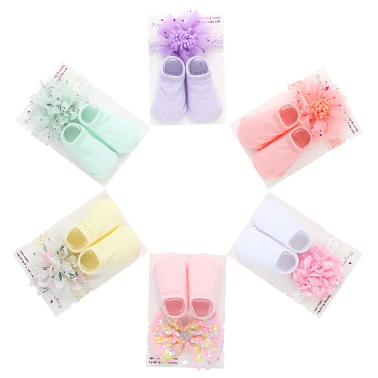 Spanish New Fancy Solid Color Princess Cute Bows Hairband Newborn Socks Set Cozy Cotton Candy Color Baby Socks Hairband Gift Set