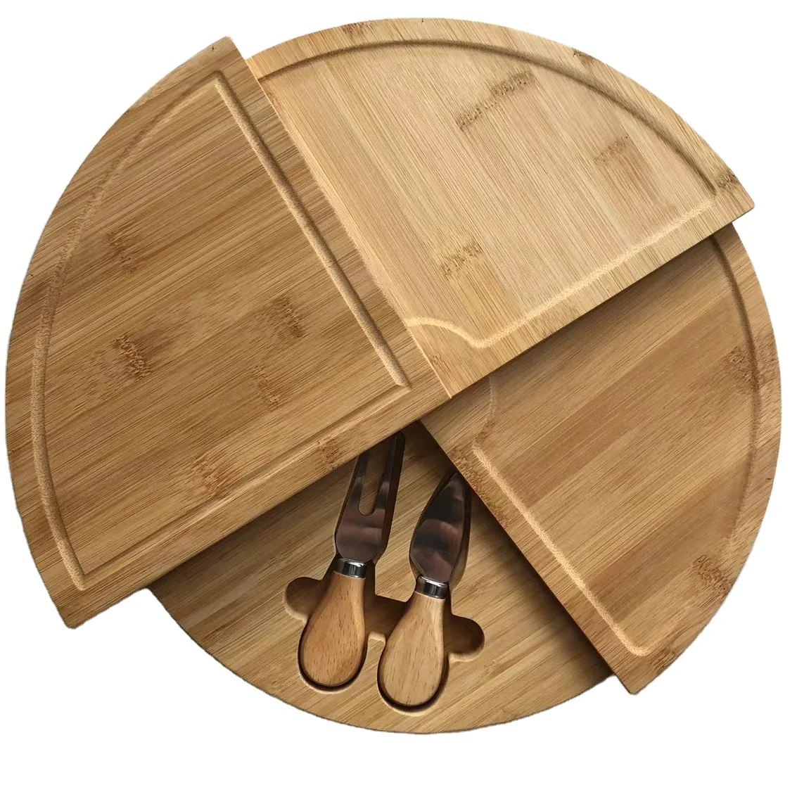 Diyue Stock Hot Sell Creative Rotatable Knife Fruit Tray Cutting Board Set Round Bamboo Cheese Board
