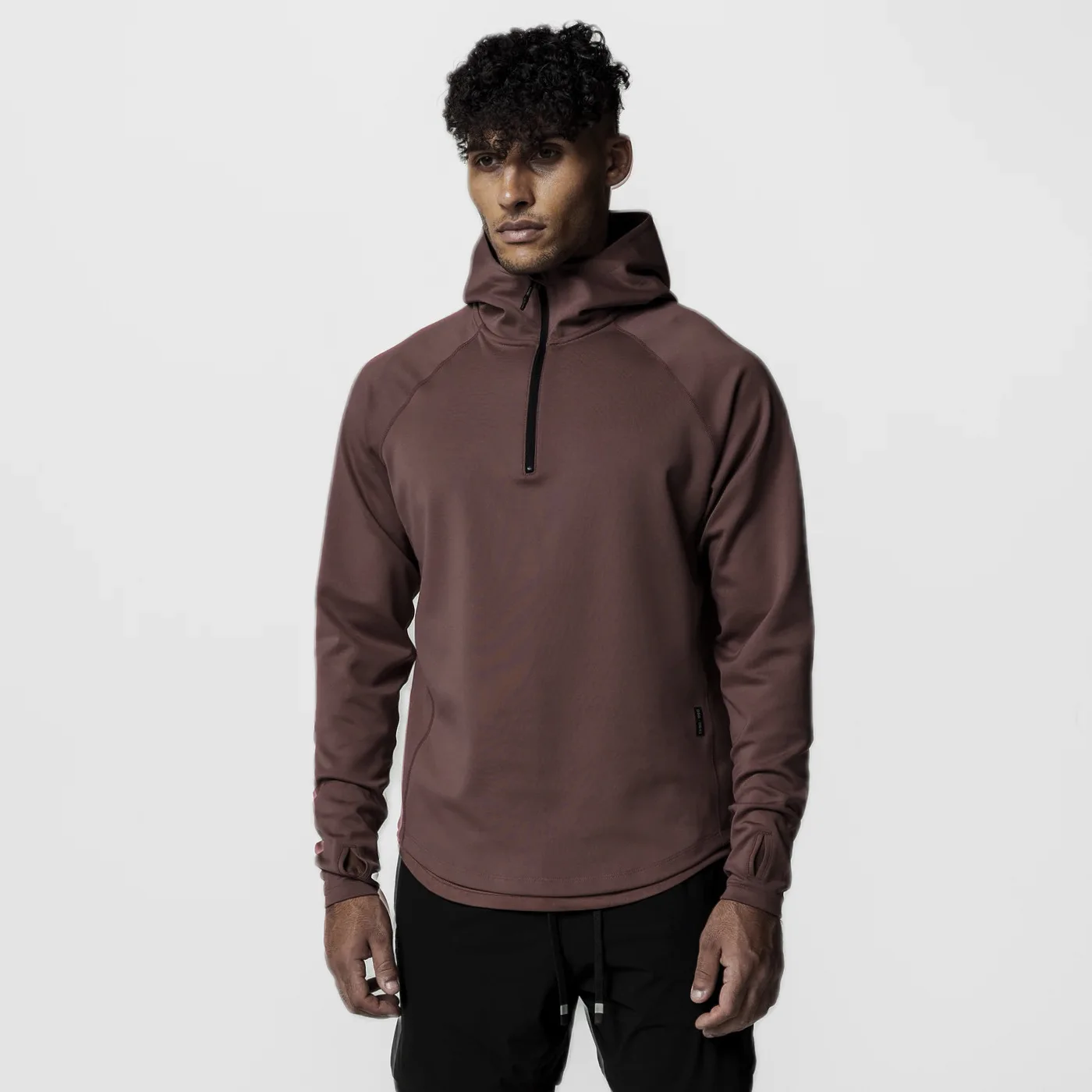 custom logo screen printing sweat wicking 4 way stretch lightweight blank thumb hole quater zip sports training hoodie for men