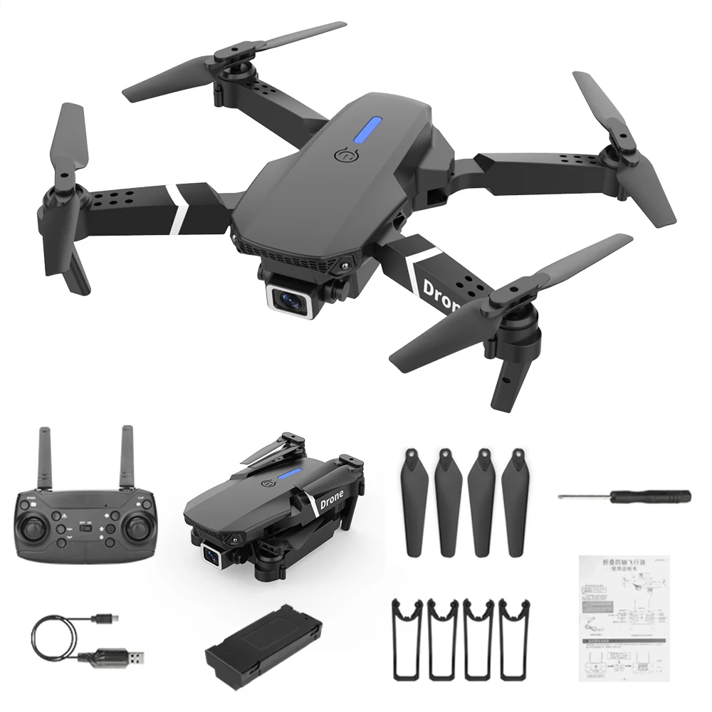 Cheap Beginner Drone 10 Minutes 4 Axis WiFi Flight Controller LED Dual Camera 4K Video VTOL E88 Pro RC Drones