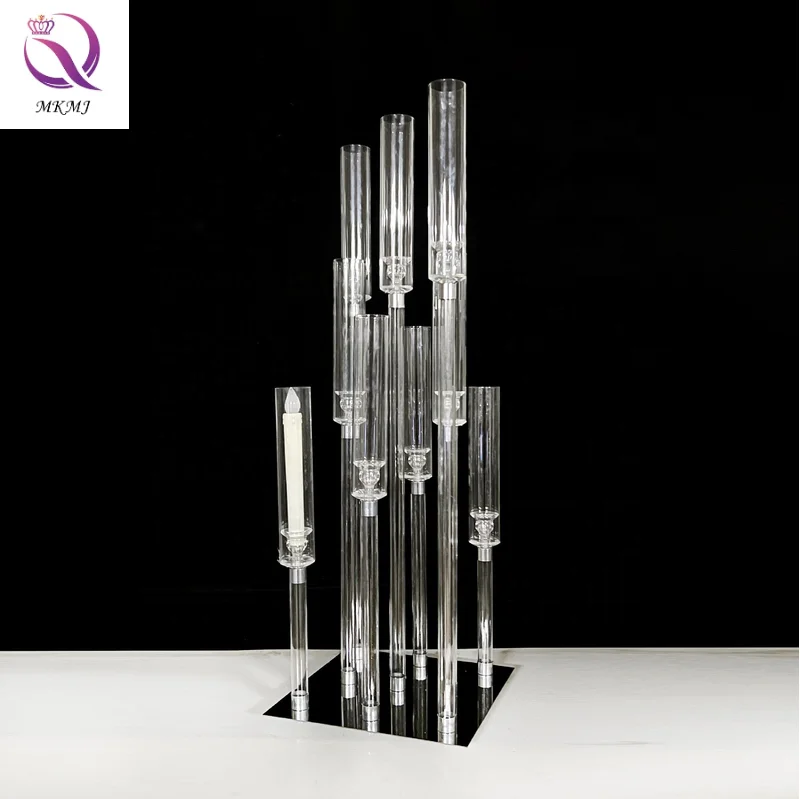 Low MOQ can be customized European wedding centerpiece Transparent 9-arm crystal candlestick clear acrylic wedding road guide