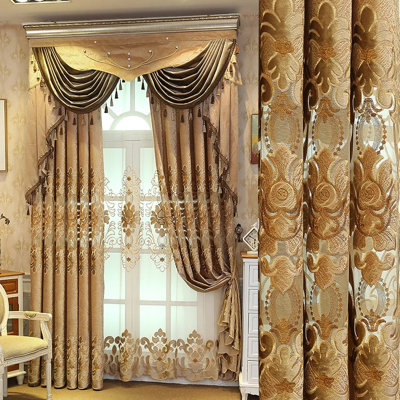 Wholesale European Style Drapes Luxury Cloth Curtains with Flower Embroidery for Living Room Bedroom Villa