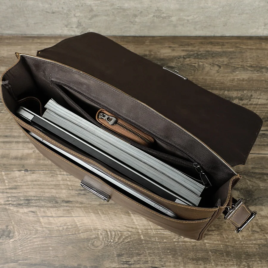 Combination Lock Lawyer Handbag Vegetable Tanned Italian Leather Briefcase for Laptop 16 inch