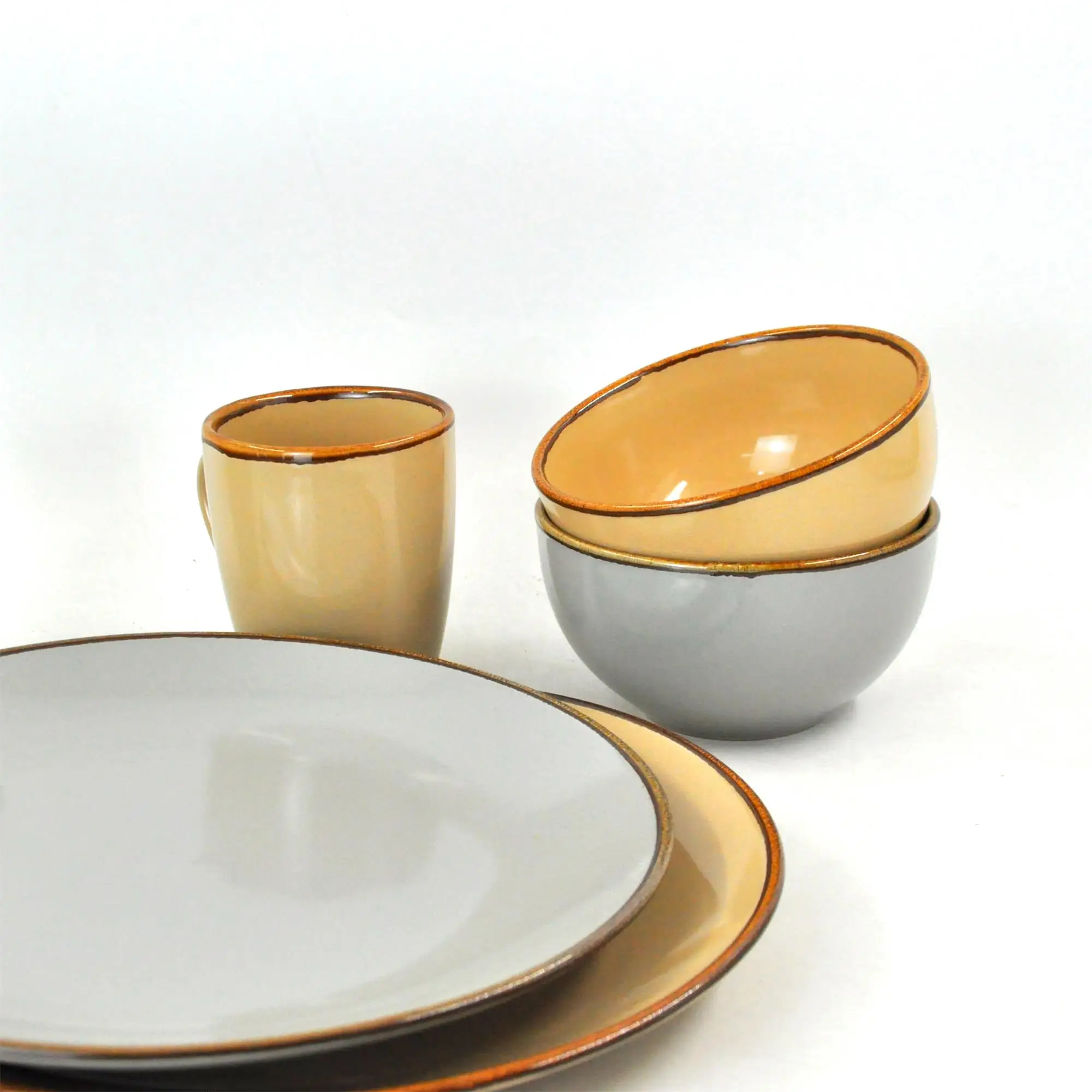 Brown rim stoneware ceramic dinner set color glazed 5.5 inch bowls 10.5inch plates dinnerware