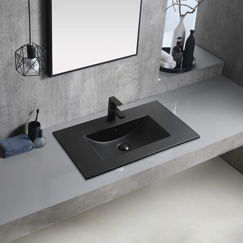 Luxury Modern Design Matte Black Bathroom Vanity Sink One Piece Thin Edge Porcelain Cabinet Square/Rectangular Hand Wash Basin