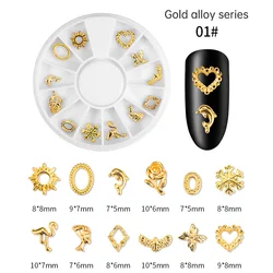 Сплав ногтей дрель Блестящими Металлическими пряжками серьги-гвоздики для ногтей, с горным хрусталем, 3D салон аксессуары ювелирные изделия с цветочным узором на День святого Валентина для художественного оформления ногтей колеса