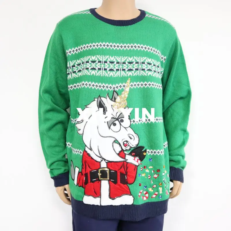 
Green Christmas Ugly Sweater with embroidery unicorn Winter Thick jacquard knit cardigan Christmas gifts 