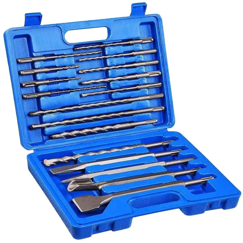 17 PCS Single Tip Drill Bit Set Electric Hammer Drill Bit Set with SDS Plus round Handle for Well Drilling & Chisel Set