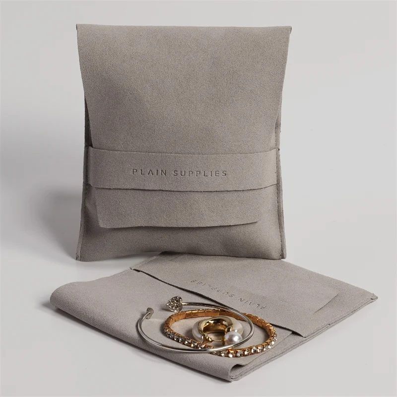 YCX Custom Logo Jewellery Pouch Bag Microfiber Suede Velvet Earring Necklace Snap Button Jewelry Pouch Packaging With Insert Pad